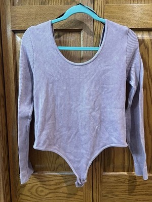 Primark Women's L Mauve Ribbed Long Sleeve Bodysuit