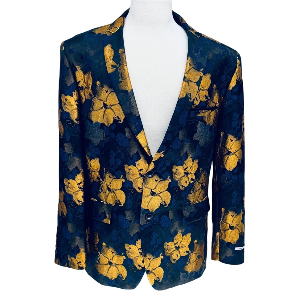 Blazer INC Para Hombres XL Calce Ajustado Floral Jacquard Pintura al Óleo Azul Marino Dorado Lámina Metálica Foto 2 de 4