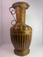 Vintage Wicker Rattan Vase Umbrella Stand Boho Coastal Tiki Decor 20  