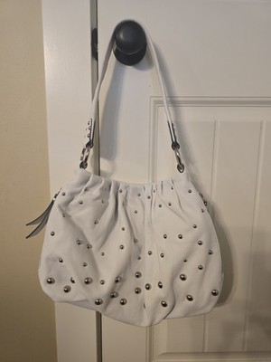 B. MAKOWSKY Soft White Leather Silver Studded Medium Shoulder Handbag GUC