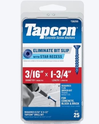 NIB Tapcon 28255 Concrete Screw Anchors 3/16 x 1-3/4 Flat Head Blue pack of 25