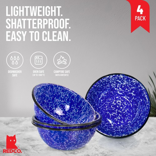 Red Co. Set of 4 Enamelware Metal Classic 20 oz Round Cereal Bowl Navy Blue M... - Picture 4 of 9