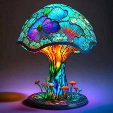 Painting Mushroom Table Lamp, 5.9 Inch New Stained Glass Plant Night Light, B...