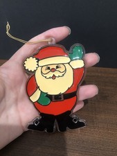VTG Santa Clause Sun Catcher Stained Glass Plastic Christmas Holiday Ornament