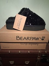 BEARPAW Portia 3224W Black Sequin Fur Trim Slip-On Women's Slippers Size 8