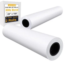 Wide Format Plotter Paper, 24 In x 150 Ft, 2 Rolls, CAD Bond, 20lb Bond on 2"...