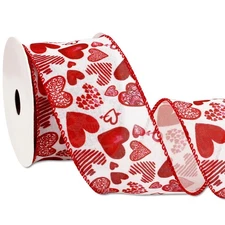 Red Love Heart Valentine's Day Wired Edge Ribbon 12 Yard Watercolor Fabric