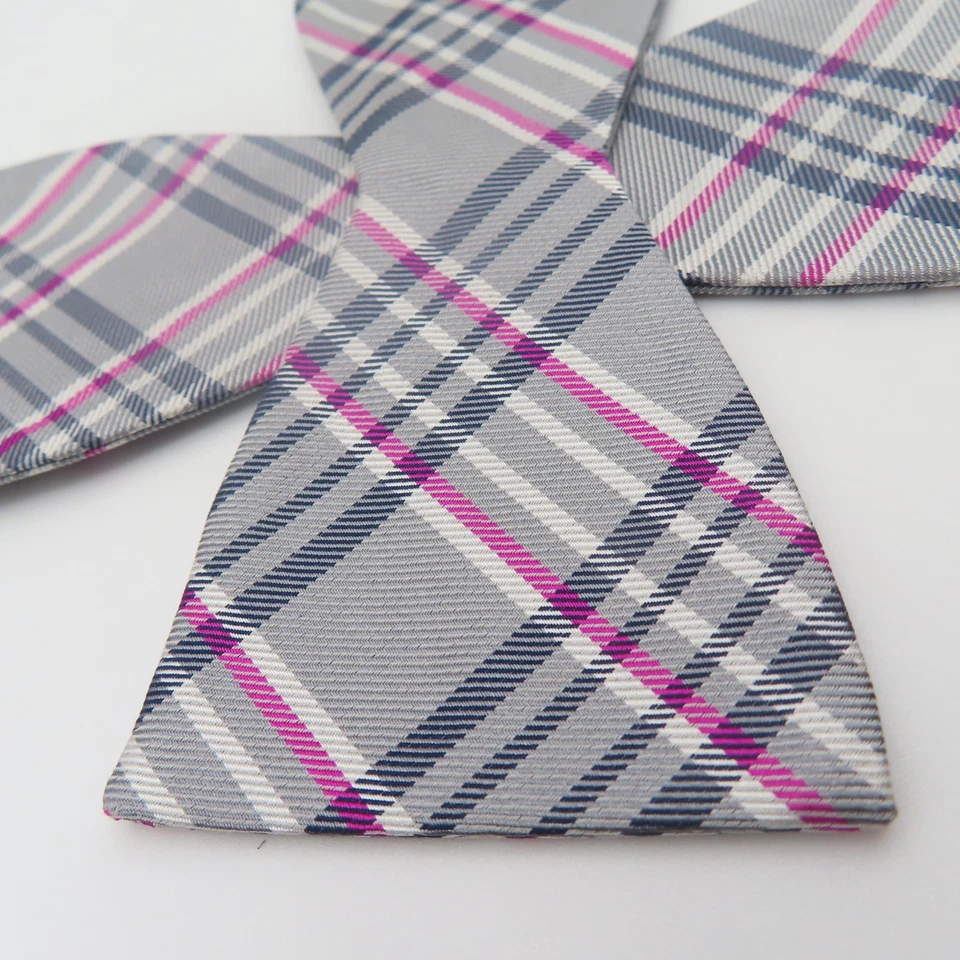 Black Brown Bow Tie Silk Gray Black Pink Plaid 2.25" Wide Self Tie - Image 2 of 4