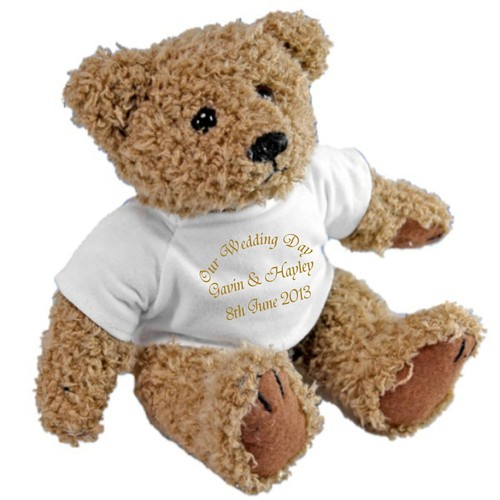 Personalised Teddy Wedding Ring Bearer  - Gold Ribbon Personalised Ring Cushion  - Picture 1 of 2