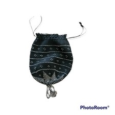 Vtg Sm Black Drawstring Reticule Victorian Flapper Purse Silver Beads Crocheted