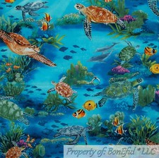 BonEful FABRIC FQ Cotton Quilt VTG Aqua Blue Water Scenic Sea World Fish Turtle
