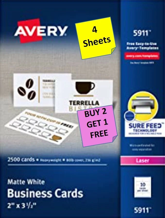 4 Sheets] Avery 5911 Printable Business Cards, 2 x 3.5", LASER, B2G1 |  eBay