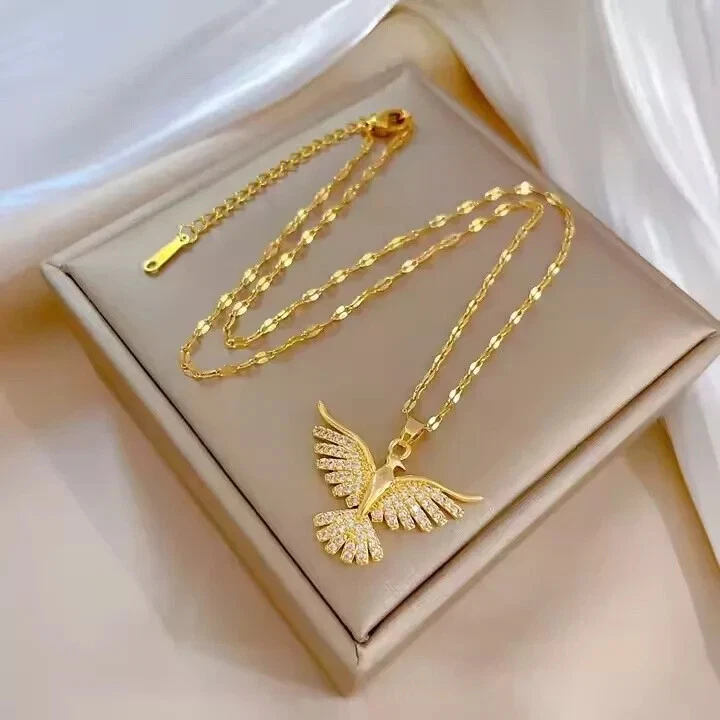 Damen Halskette Vogel Phoenix  Zirkon Anhänger Kette Gold Edelstahl Geschenk - Bild 2 von 3