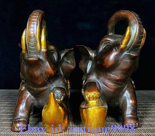 5.3" Old Pure Bronze Gilt Animal Feng Shui Elephant Yuanbao gourd Statue Pair - Picture 3 of 9