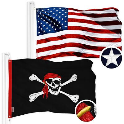 Combo: American & Pirate Jolly Roger Red Head Scarf Flag 1x1.5 Ft Embr Poly
