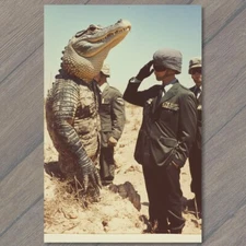POSTCARD Alligator Military Uniform Surreal Scene Soldier Weird Army Retro Suit