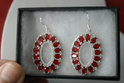 925 SILBER OHRRINGE MIT ROTEM BLUT RUBIN & CZ 10,9 GR. 4 CM. LANG + HAKEN IM KARTON