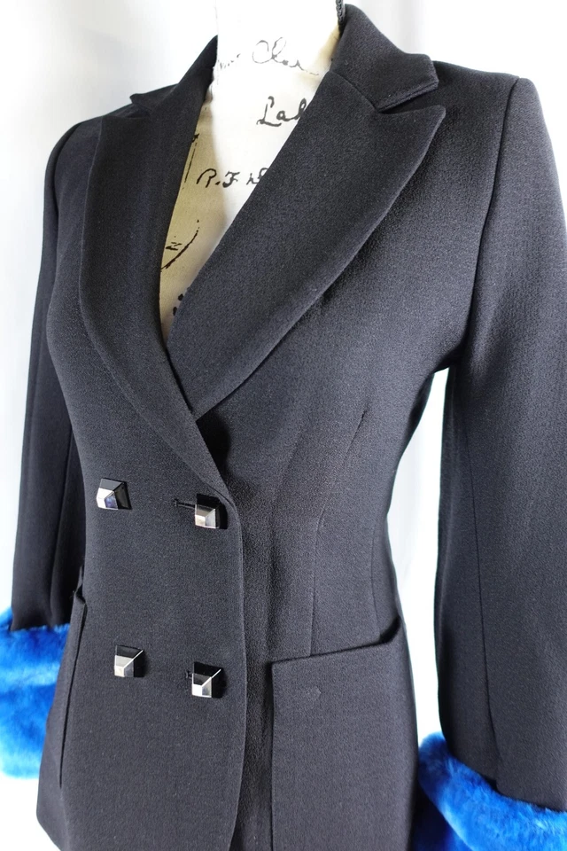 Just Drew женщин двубортный блейзер размер 2 искусственного меха манжеты новый с Ярлыками $495 черный весело - Изображение 3 из 4