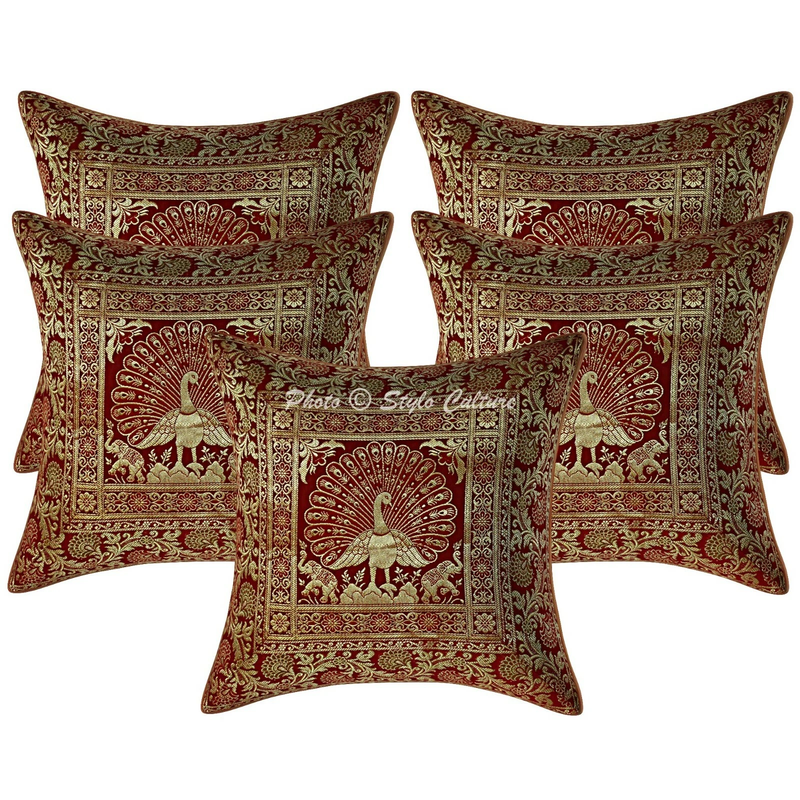 Scatter Cushion Covers Maroon 40 x 40 cm Jacquard Brocade Peacock Throw Pillows