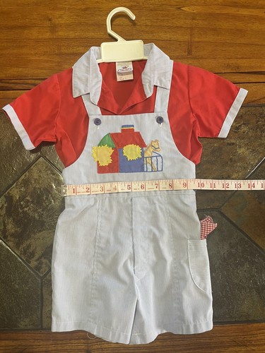 Vintage 80s JOYEAUX GAMINS HAPPY KIDS Embroidered Farm Bib Overalls + Shirt Sz 4 - Picture 8 of 10