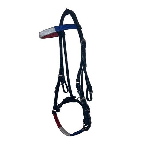 Brida Caballo con Cabecero Rojo Blanco Azul Cuero Cosido a Mano HBR0720 - Imagen 6 de 7