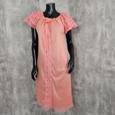 Vintage Coral Pink Nylon Nightgown Ruffles Lace Knee Length Sleepwear Pinup