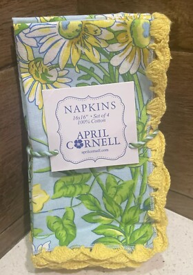 April Cornell Set of 4 Daisy Meadow 100% Cotton Napkins 16x16  - Crocheted Trim