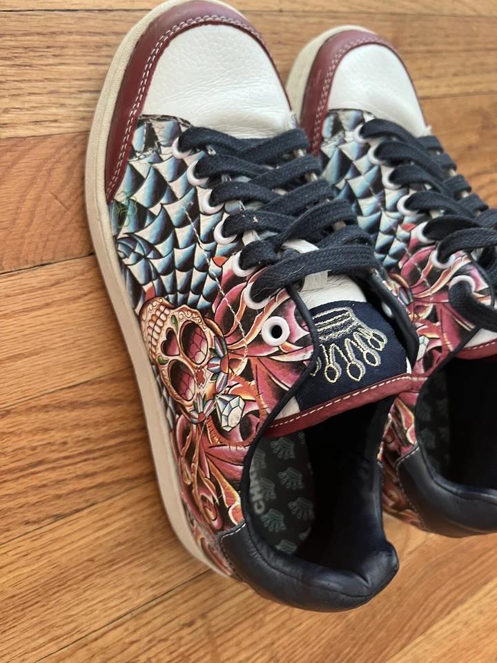 RARO Christian Audigier Calavera Con Cordones Tenis Zapatos 9 Necesito Nuevos Cordones Foto 3 de 4