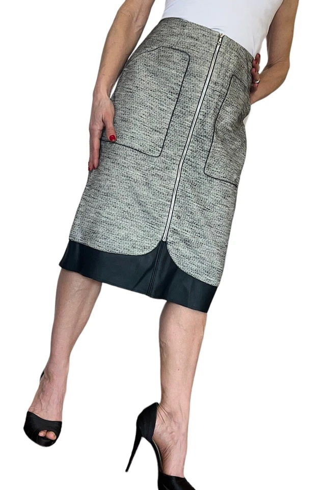 Womens Lela Rose Skirt Linen Straight Pencil Leather Hem Black White Front Zip - Image 2 of 4