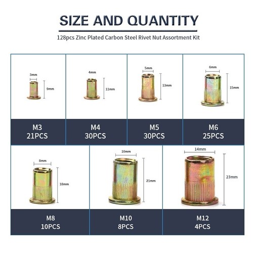 128Pcs M3 M4 M5 M6 M8 M10 M12 Zinc Plated Carbon Steel Rivet Nut Threaded Insert - Picture 4 of 12