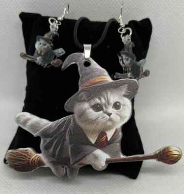 Cat Witch Broomstick Halloween Acrylic Hook Earrings Necklace Jewelry Set NEW!