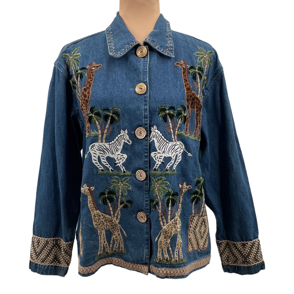 Vintage 90s New Directions Safari Embroidered Denim Jean Jacket