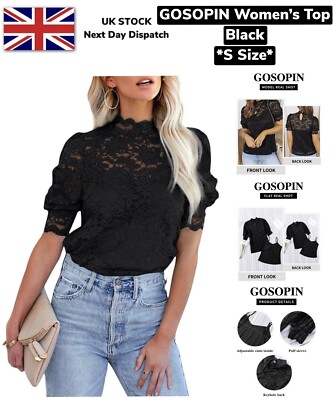 Damen Tops Sommer Top Spitze Stehkragen Kurzarm Blusen kleine Größe UK