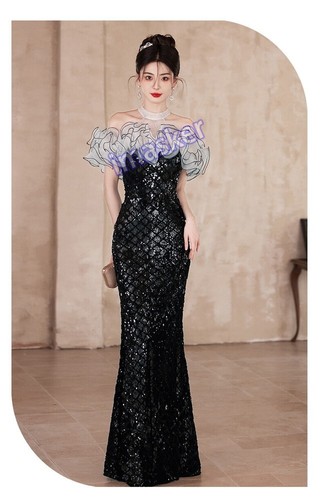 Black Evening Dress Luxury Fish Tail Sequin Flash Hanging Neck OneShoulder Dress - Picture 14 of 31