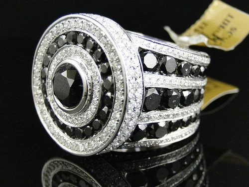 1.9 ct RD Black White Cubic Zirconia mens Large Ring Silver White Gold Plated