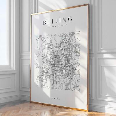 Peking Stadtplan Druck, Wohndeko, Wandbild, Druck, Poster, gerahmt