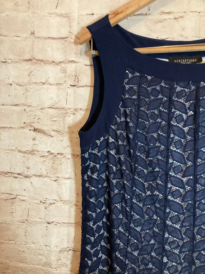 Vestido midi Perceptions para mujer 14 azul marino superpuesto de malla midi fluido Foto 4 de 4