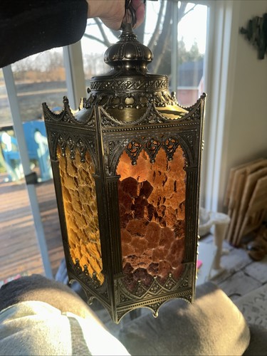 Vtg. Lightcraft of California Gothic Hanging Metal +Stained Glass Excellent Con