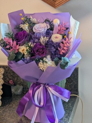 Preserved Flowers Bouquet, Preserved Roses, Purples, Assorted Flowers, Stunning