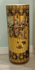 Vintage Japanese Satsuma Umbrella Stand 24” Hand Painted Geishas & Flowers