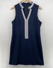 PAPPAGALLO Dress 10 Sheath Mini Sleeveless Lace Trim Split Neck Textured Blue