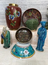 ANTIQUE CHINESE Asian Decor Lot Cloisonné Vase Ginger Jar Famile Rose Mud Man