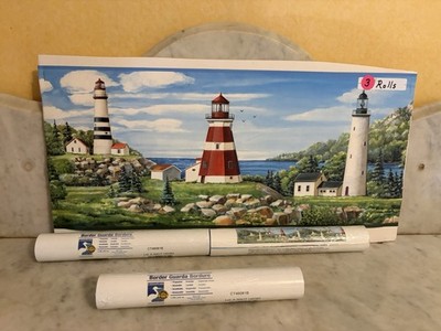 3 Brewster Home Fashion Chesapeake Lake Lighthouses Border 5 Yards 8.75 Wide