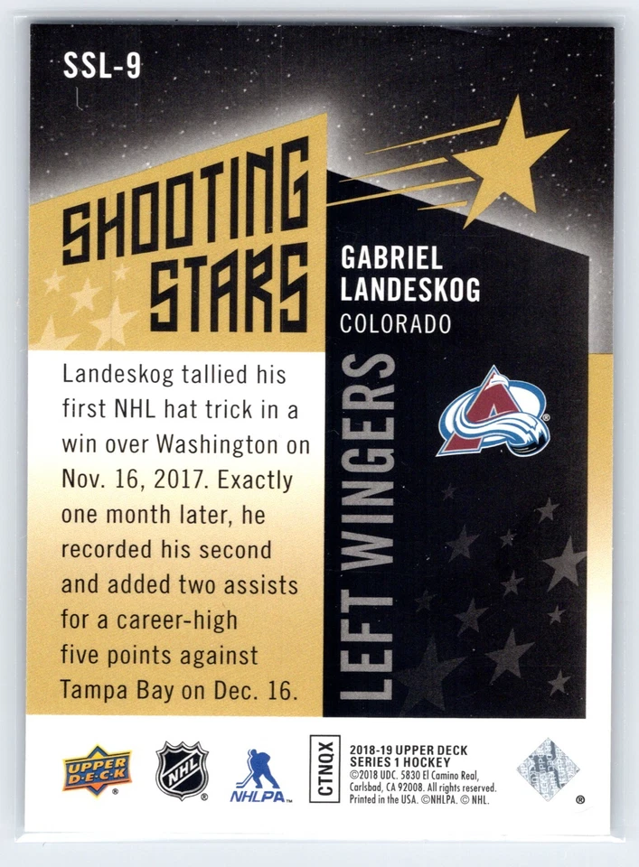 2018-19 UD Shooting Stars Left Wingers - Black SP #SSL-9 Gabriel Landeskog - Image 2 of 2