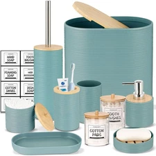 Bathroom Accessory Set-11Pcs Blue Bathroom Accessories Set with Trash Can,Soa...