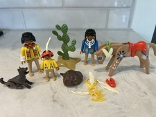 VTG Playmobil Geobra 1974 Native American Indians, Painted Horse, Dog Lot