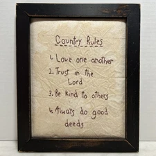 Framed Primitive Farmhouse Rustic  Style  Hand Embroidered Country Rules Picture