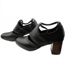 ELF Handmade Black Braided Leather Heels Block Heel Cutout Strap Shoes Womens 12