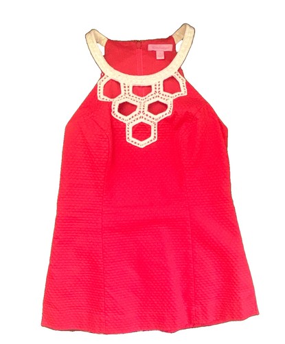 Lilly Pulitzer Red Halter Tank Top Size 0 White Crochet Accent Cotton Zip