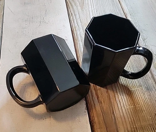 Vtg Arcoroc Octime Black Glass Octagon Mugs Set Of 2 France